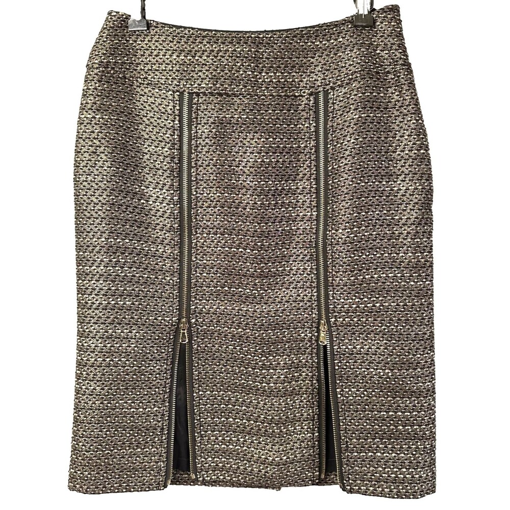 Etcetera Brown Gold Metallic Wool Blend Tweed Double Zipper Pencil Skirt Sz 2